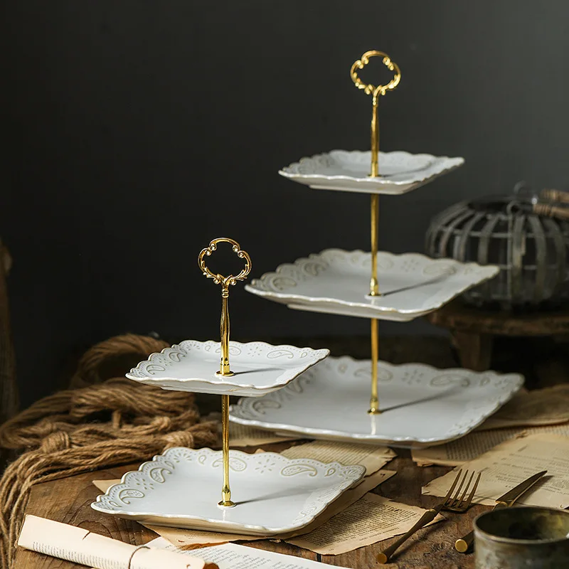 Свадебная фарфоровая керамическая обеденная десертная посуда для вечеринки столовая посуда два трехуровневые слойные тарелки подставка