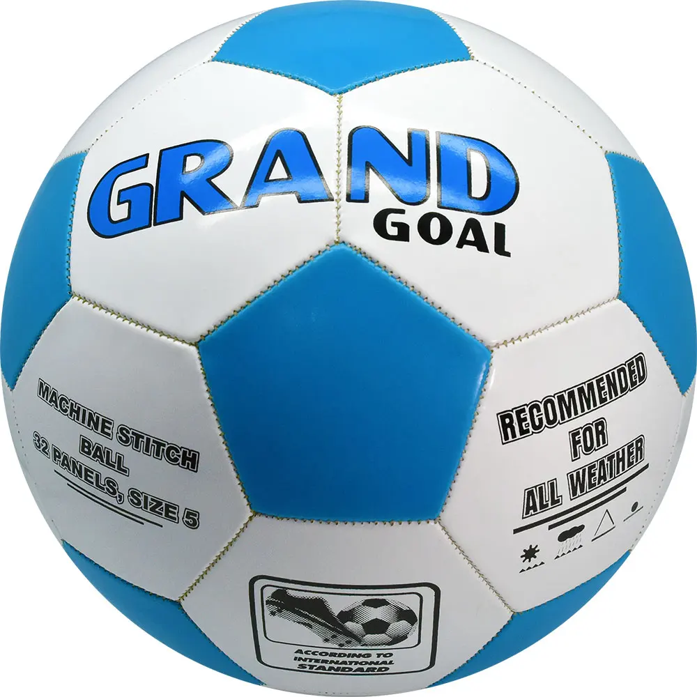 
Футбольный мяч Grand Goal белого и синего цвета из полиуретана, блестящий, с бутиловыми лестницами, изготовленный в Atlas Industries 