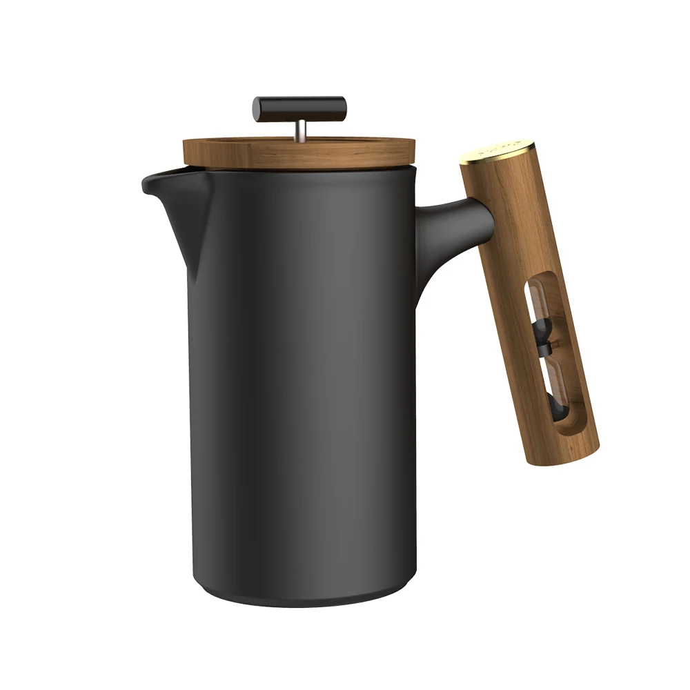 DHPO New Arrival Cafe Style Ceramic French Press Coffee Maker With Wooden Handle and Glass Timer for Gift