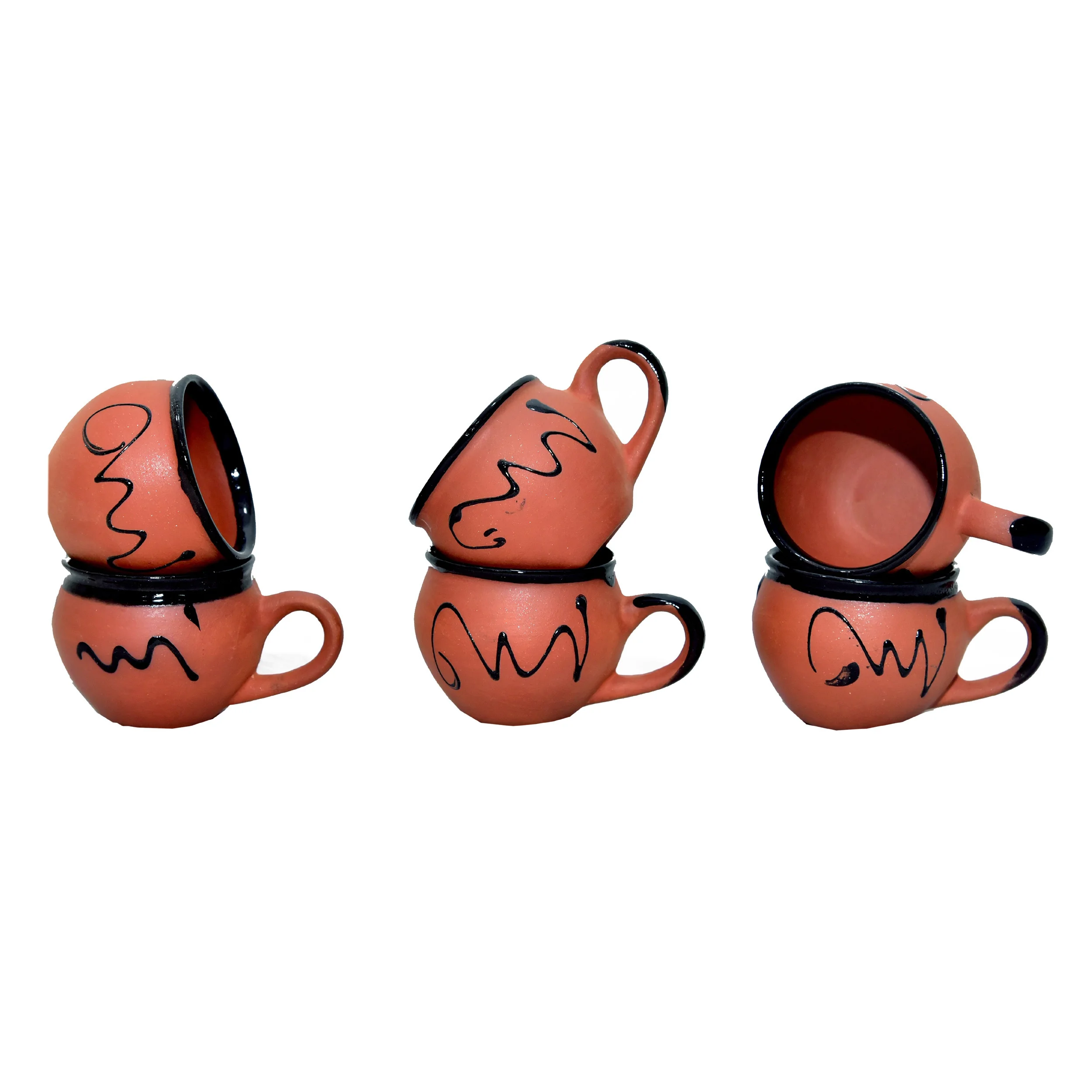 Handmade clay glazed round tray 4 cups set indian pottery cups brown terracotta pottery cups set