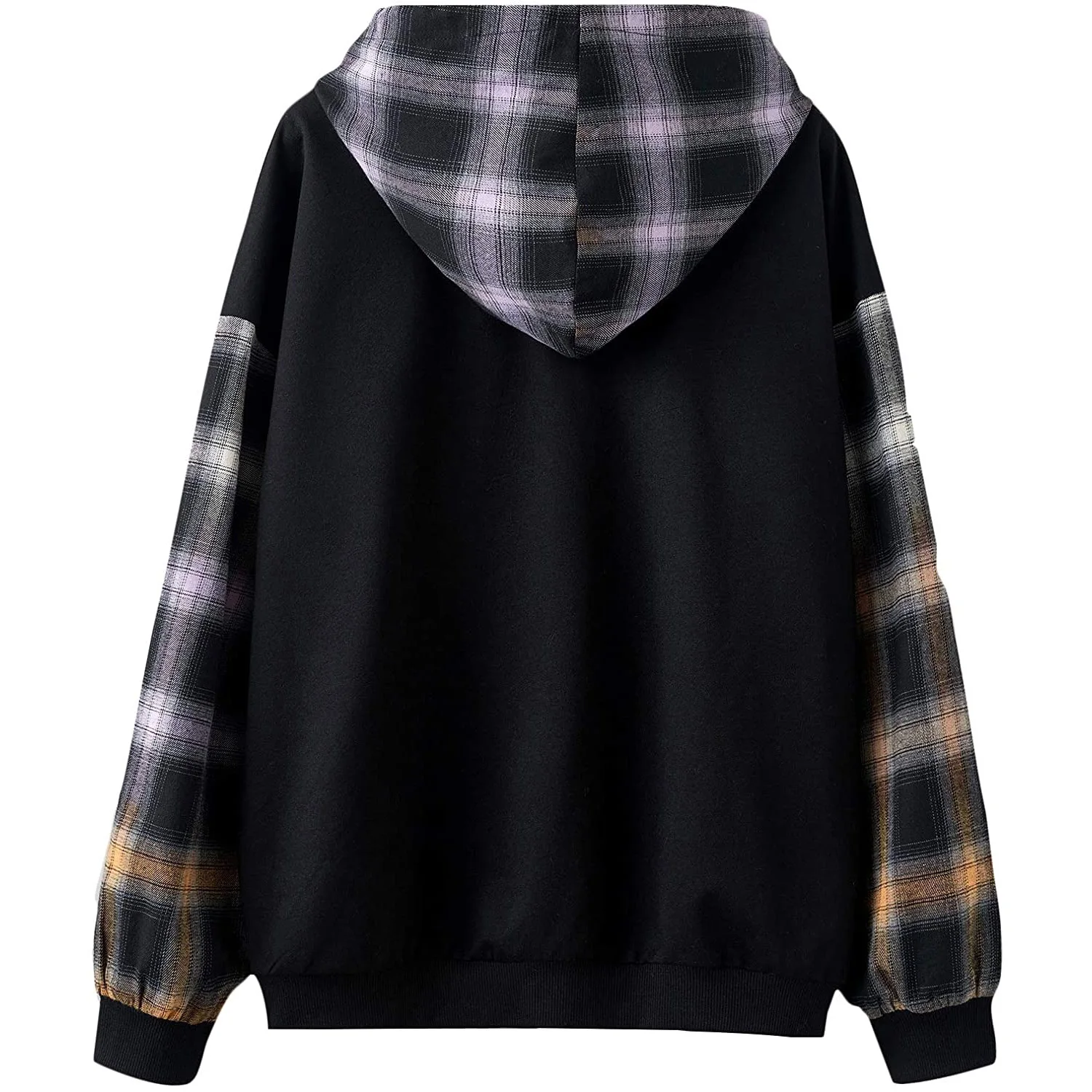 Womens Dark Black With Cheek Sleeve Embroidery Long Sleeve Drawstring Pullover Top Hoodie