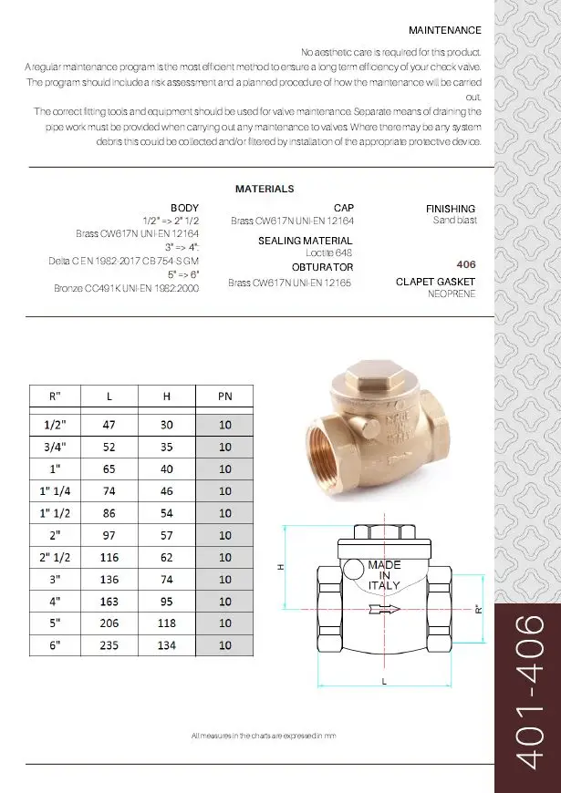 Made in Italy high quality brass Swing check valve FxF threaded ISO228/1