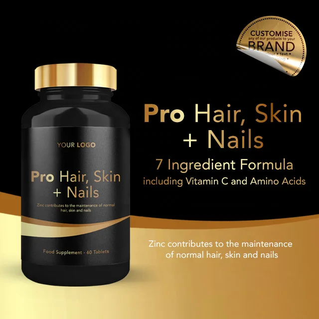 
Pro Hair Skin Nails Health Food Supplements Vitamins Round Premium Bottle - Private Label Nutrition - Wholesale Diet Supplements 