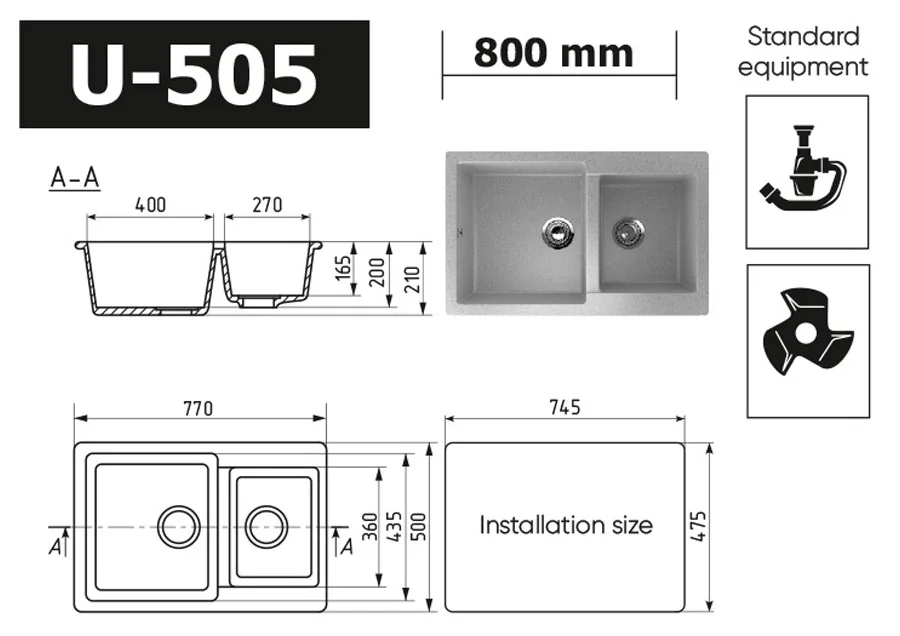 Durable composite kitchen sink ULGRAN U-402 with mixer tap hole, stone sink