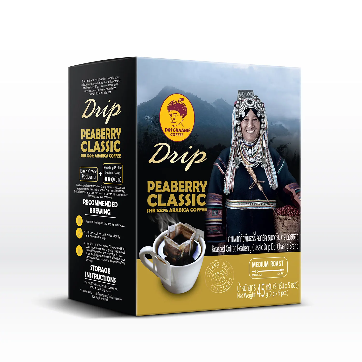 
Mellow Taste Fruit Flavour Roasted coffee Peaberry Classic Drip bag Doi Chaang Band 