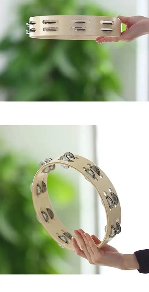 S Hand Held Wood Headless Tambourine Bell,Double Row Jingles Belly Dancing Musical Instrument