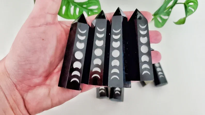 Black Obsidian Moon Phase Tower Point Crystal Healing Gold Sheen Witchy Vibes Pagan Full Moon New Moon