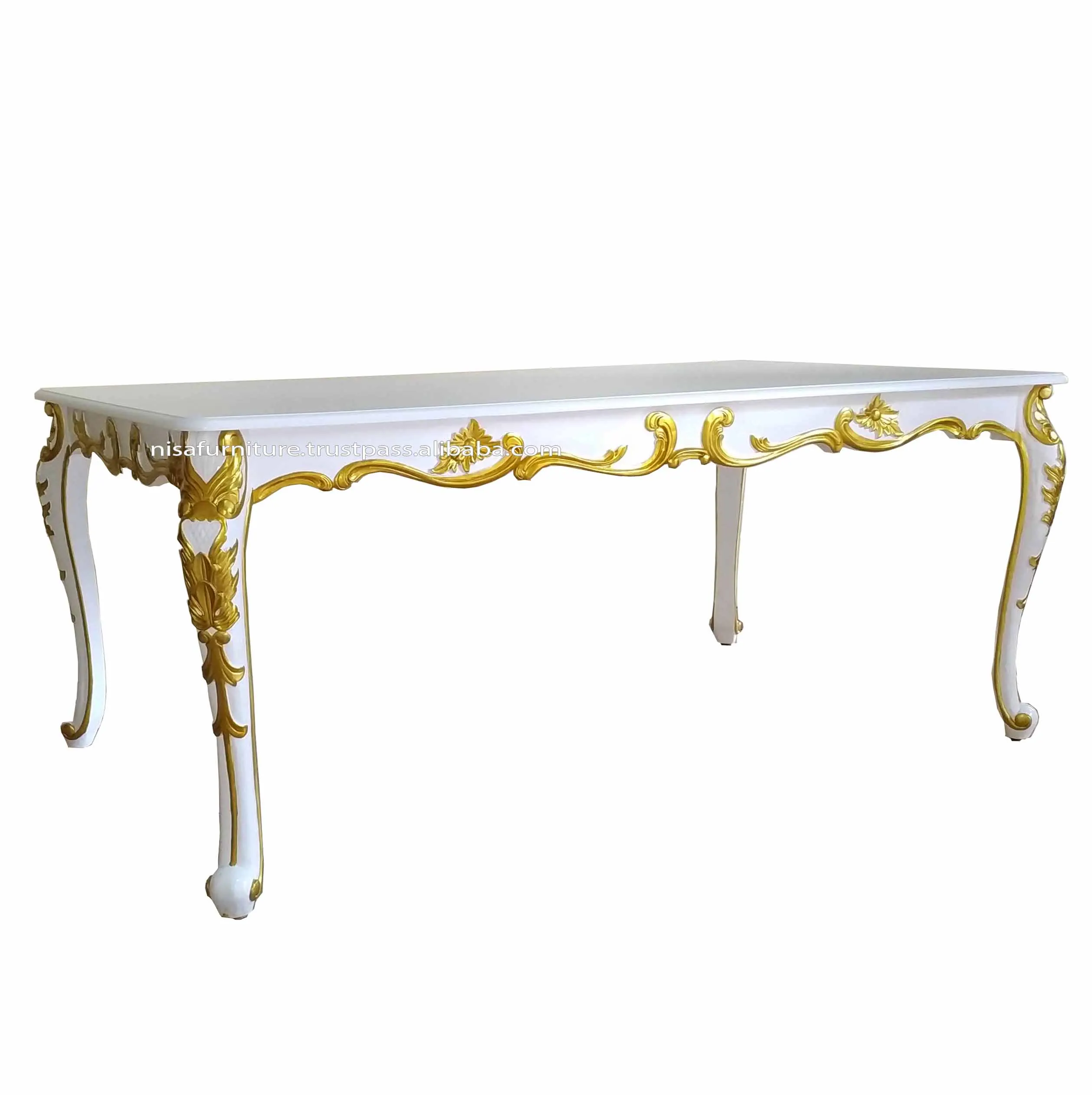 Antique Dining Room Furniture Set Rectangular Mahogany Wood MDF Board Table for 6 White Gold Trim Chairs Solid Wood Style Homes