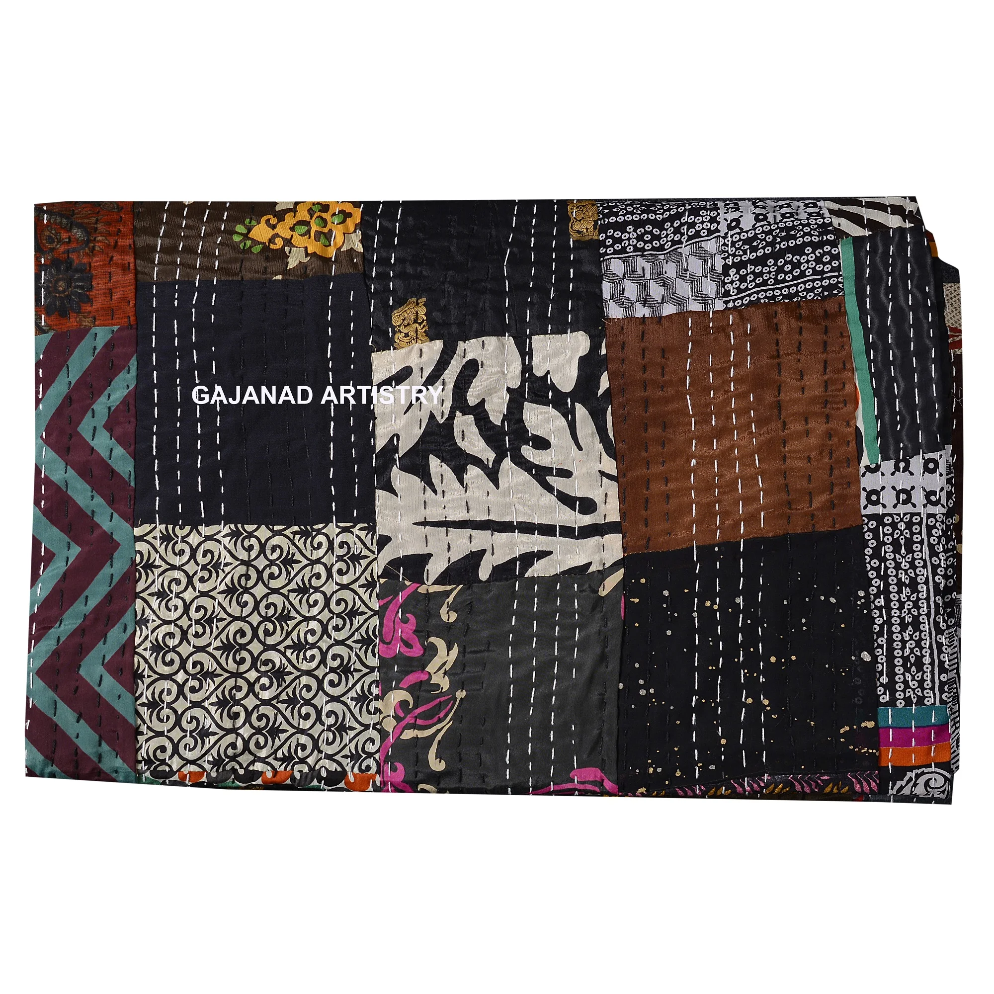 handmade kantha bedcover bedspread blanket coverlet patola silk patch work vintage indian quilt room decorative