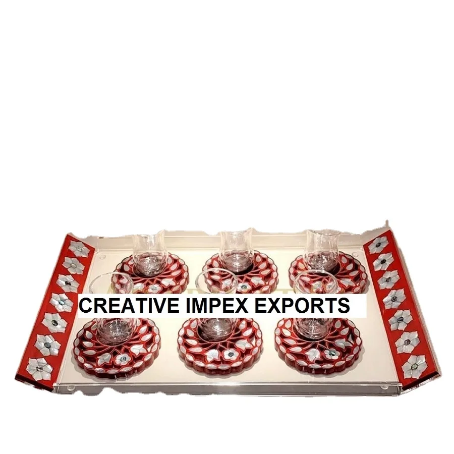 
 Набор подносов ручной работы из индийского дерева и перламутра с чайными блюдцами/чайной тарелкой для сервировки чая, кофе креативный Импекс экспорт  