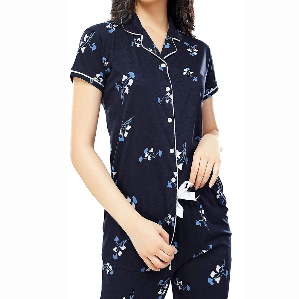 
Adult Girls Sublimation Printed Sleep Wear Night Suits In Blue Color Peter Pan Collar For Sale 
