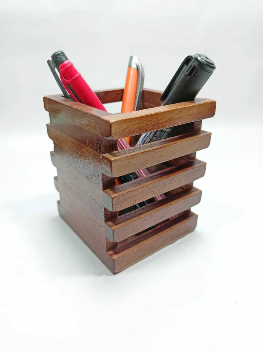 New Decorative  Cheap Price Wooden Pen Holder Square Wood Joint Design Your Multipurpose Desk Organizing from Indian Supplier