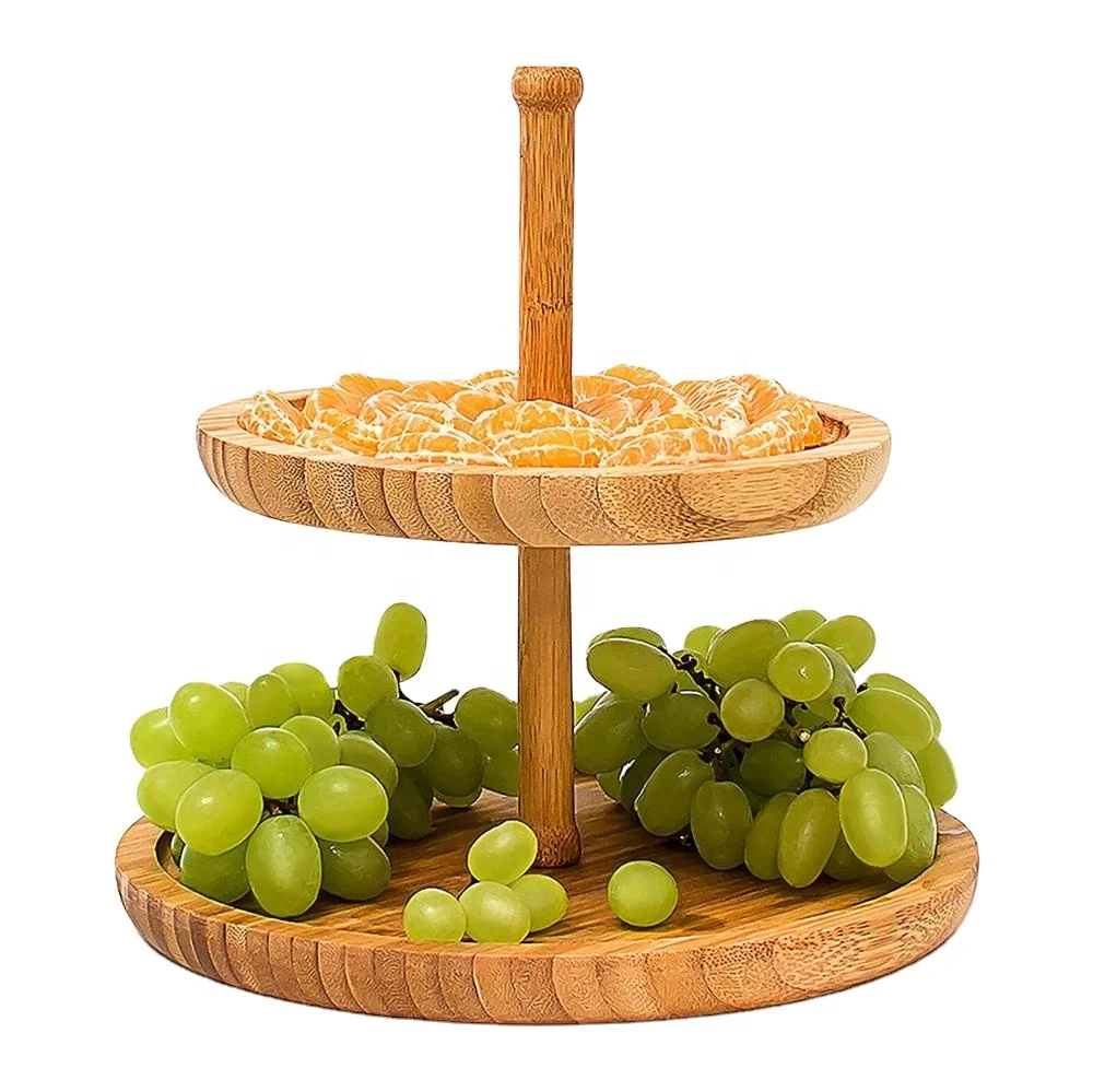 Bamboo 2-Tier Decorative Trays Vintage Decor Round Bamboo Platter Buffet Display Serving Trays