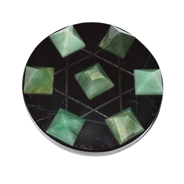 Black Agate Base 7 Green Aventurine Pyramids on Star David Carved Feng Shui Gemstone Sculpture