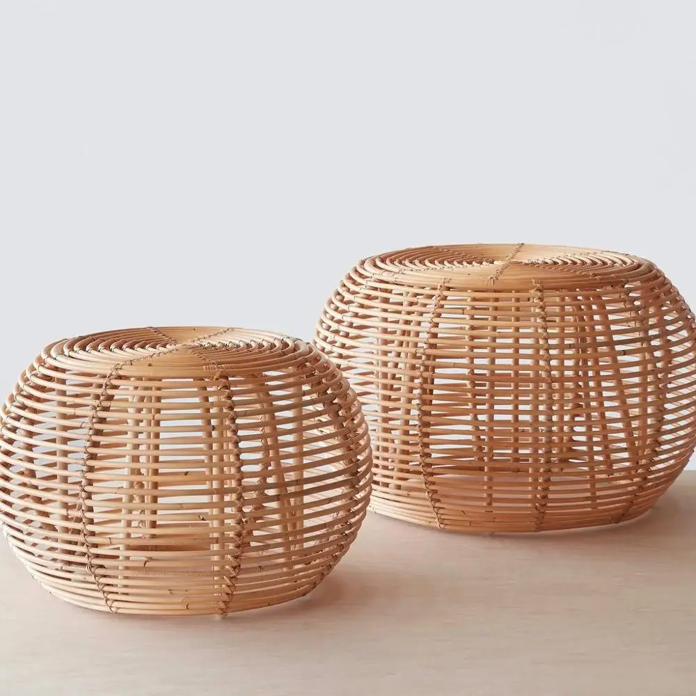 Natural round rattan ottoman for living room