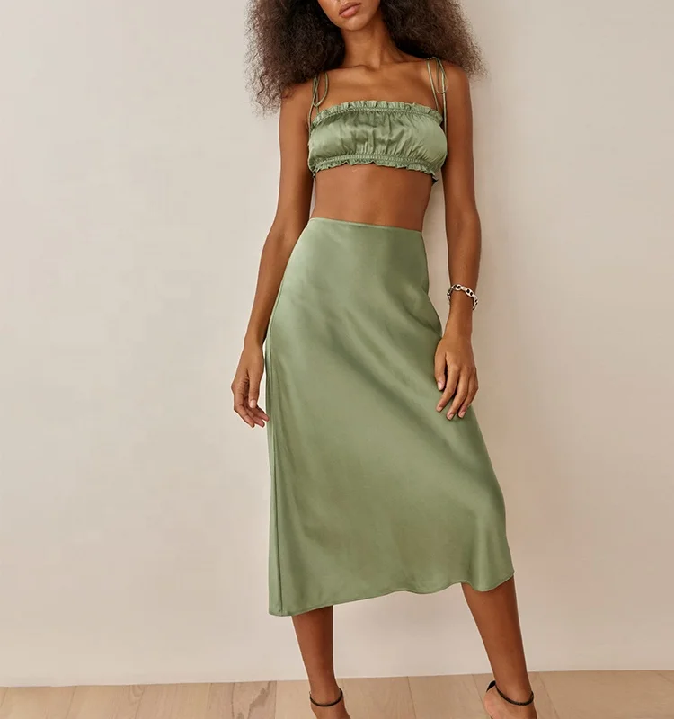 Elegant Ladies Office Midi pencil skirt Women High Waisted Summer Long Skirt Solid Satin Silk Skirt.jpg