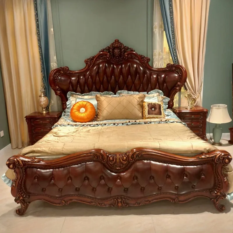 Antique Golden Bed Luxury King Size Bed European Style bedroom furniture Royal leather wooden bed
