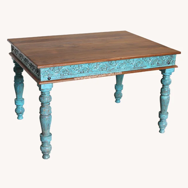 Indian Antique Unfinished Distress High Quality Luxury Teak Wooden Carved Wood Furniture Restaurant Dining Table Easy to Pack