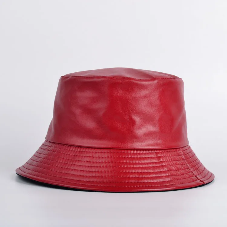 Reversible Hats Women High Fashion Bucket Hats PU  Fashion Fisherman Solid Color custom original leather Caps