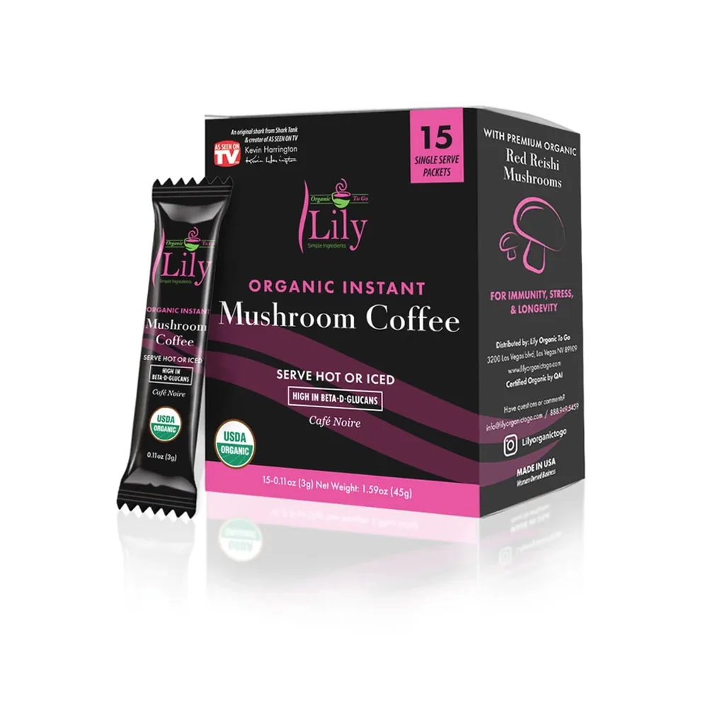 Органический мгновенный грибковый кофе Lily с горячим или холодным светом, бета-D глюканистые пакетики 3gm для иммунитета, стресса и долговечности