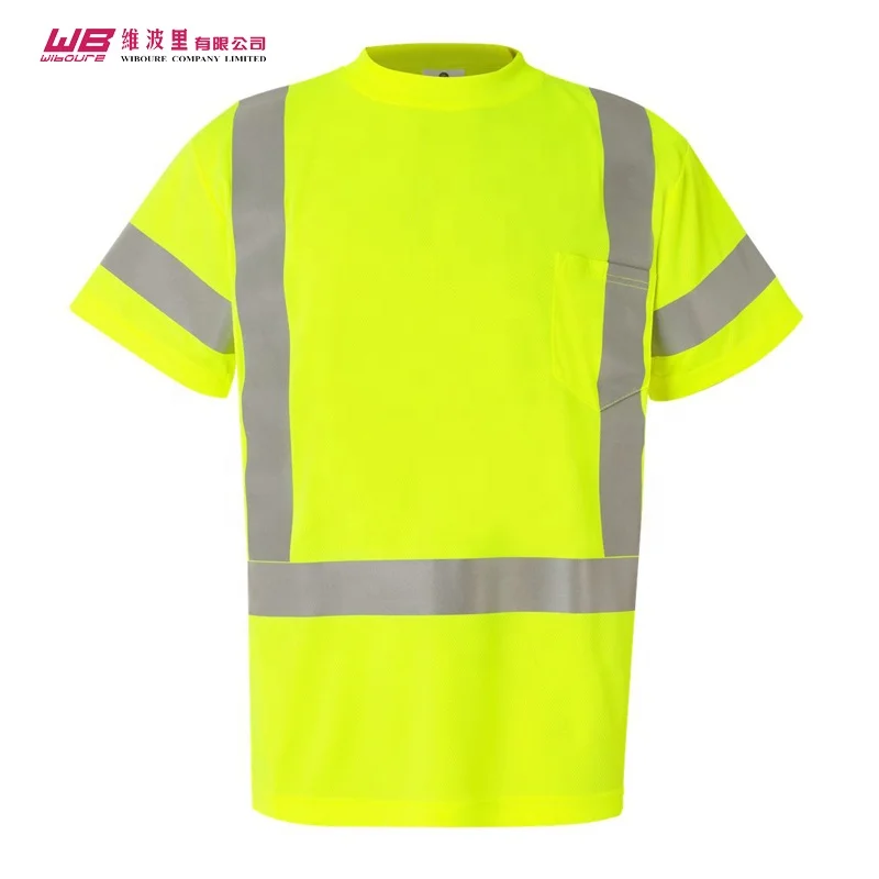 Cheap price fluorescent lime company uniform polyester reflective heat stripe Polyester Embroidery Logo safety t shirt for men
