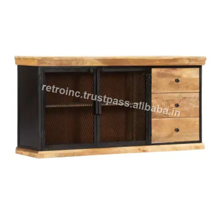 
Industrial Buffet 2 doors 3 drawers Natural solid mango wood and black metal 