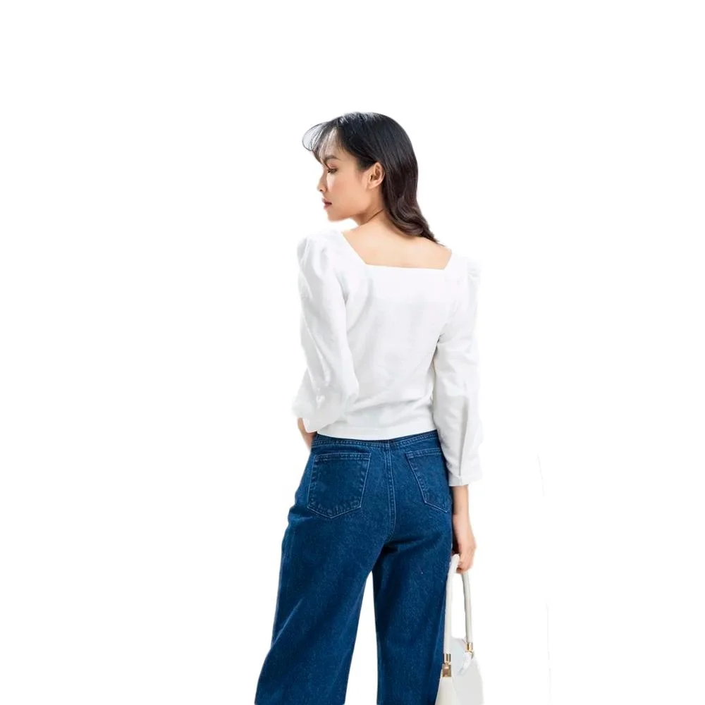 Green Square Neckline Empire Puff Sleeve Fashion Vintage Crop Top Blouses Woman 2020