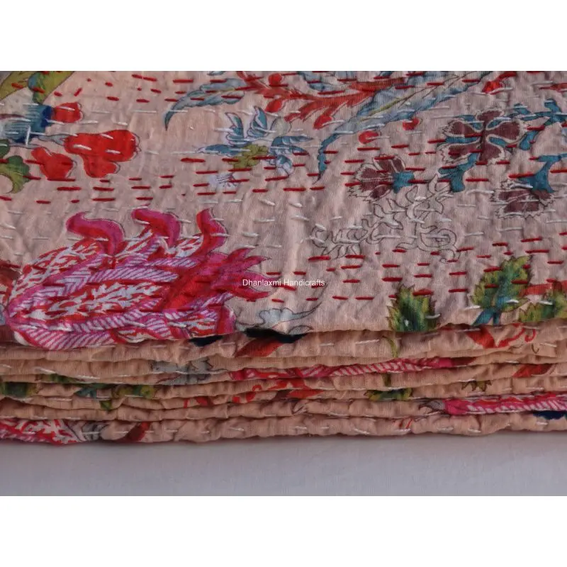 Легкое Персиковое красивое цветочное индийское Хлопковое одеяло Kantha ручной работы с цветочным принтом оптом покрывало