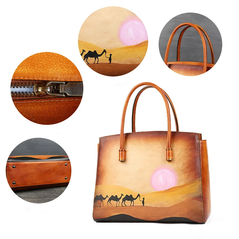 Ready To Ship Women Hand Painted Leather Tote Bag Luxury Handbags Designer Purses Quality Handbags