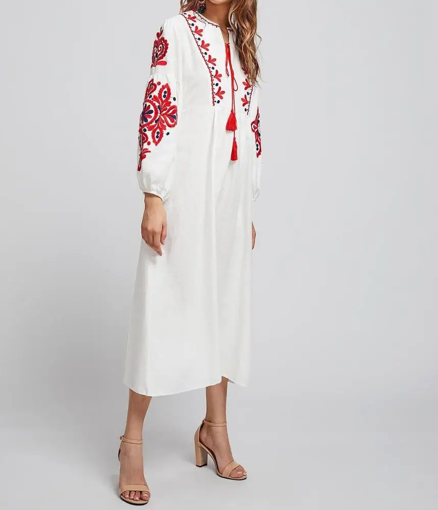 Women Long Ukrainian Dress Embroidered Loose Drawstring Robe Ethnic Ukraine Dress Dubai Ethnic Style Casual High Waist Dress