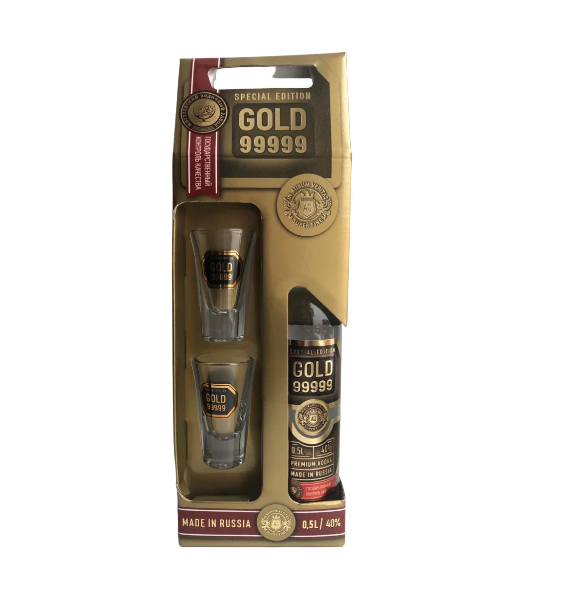 Подарочный набор с бокалами для вина, стеклянная бутылка, упаковка «99999 золото», Золотая корневая настойка, русская натуральная водка