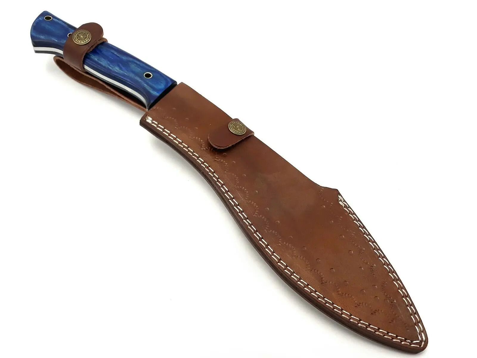 
DAMASCUS STEEL TWISTED PATTERN HUNTING BOWIE KNIFE WITH PAKKA WOOD HANDLE AND LEATHER SHEATH 