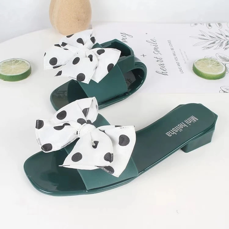 2020 hottest women polka dot bow flat slides with soft square heel