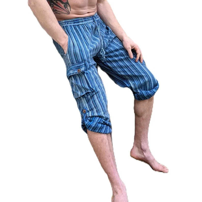 Fair Trade Sky Blue and Dark Blue Stripe Nepal Woven Soft Stonewashed Cotton Box Pocket Trousers worn long or 3/4 length to 2XL