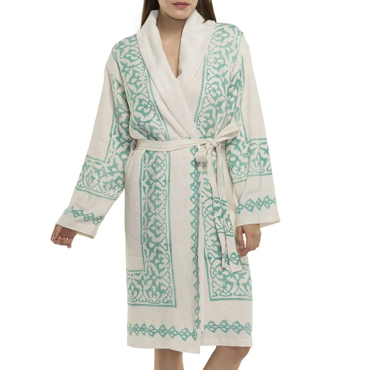 Bathrobe with Terry Lining Hand Printed Cotton High Quality with Towel Lining 70% Organic Cotton 30% Linen