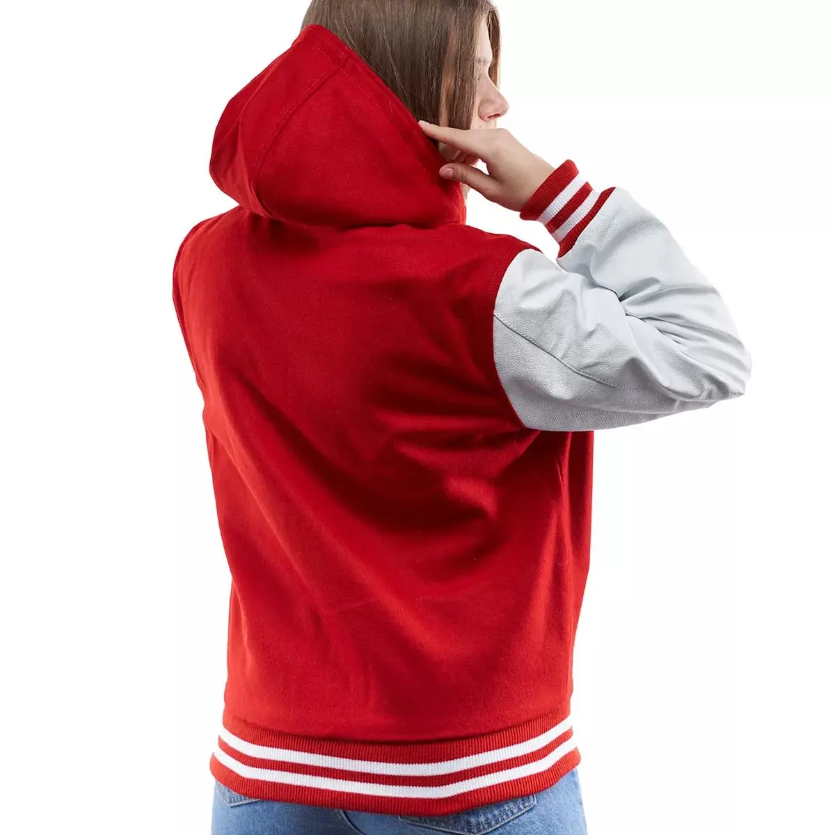 2021 Индивидуальные женские куртки Varsity Letterman шерстяное боди красные с белыми кожаными рукавами женская зимняя куртка-бомбер сафари