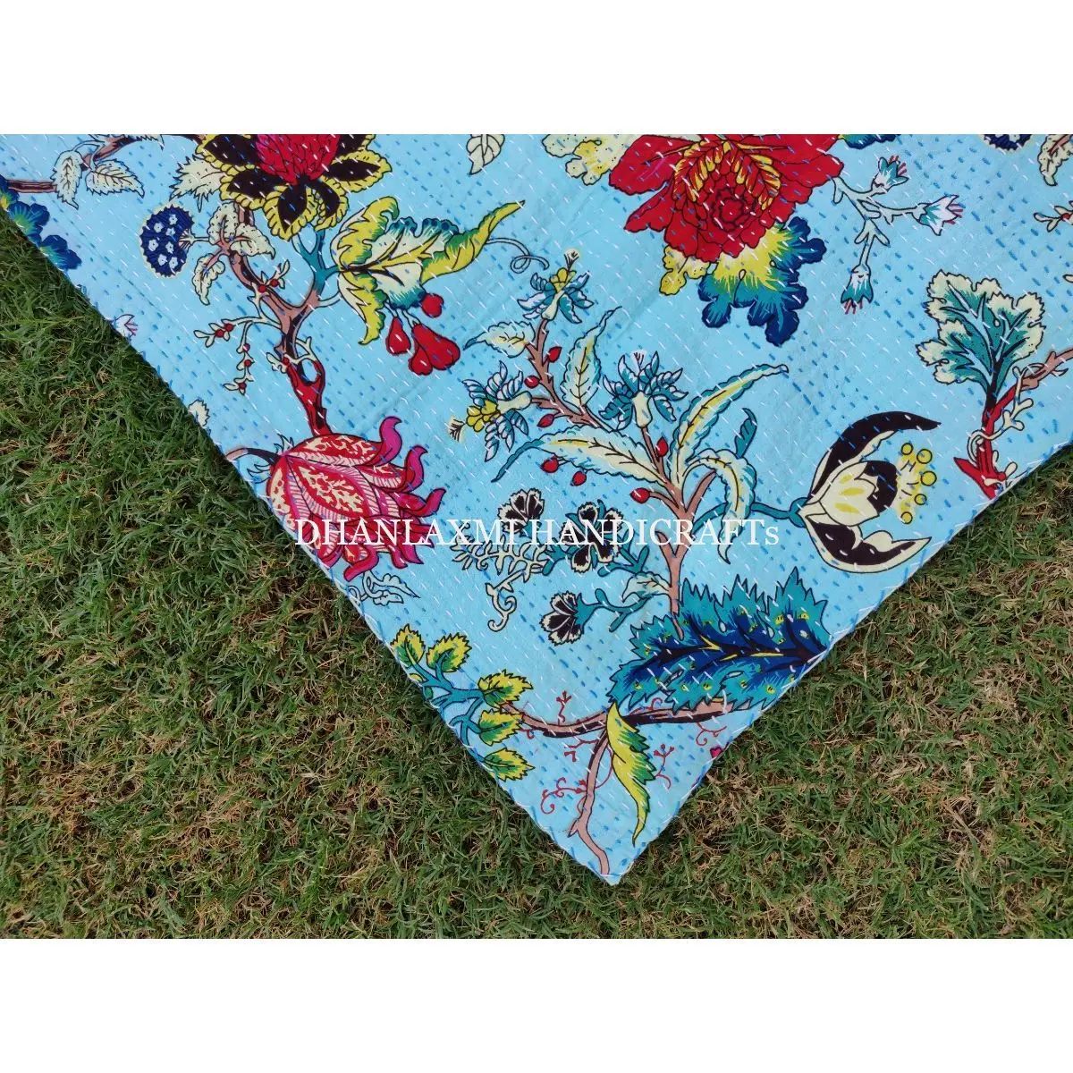 Красивое домашнее декоративное покрывало небесно-голубого цвета с цветочным принтом оптовая продажа индийское Kantha ручной работы Хлопковое одеяло