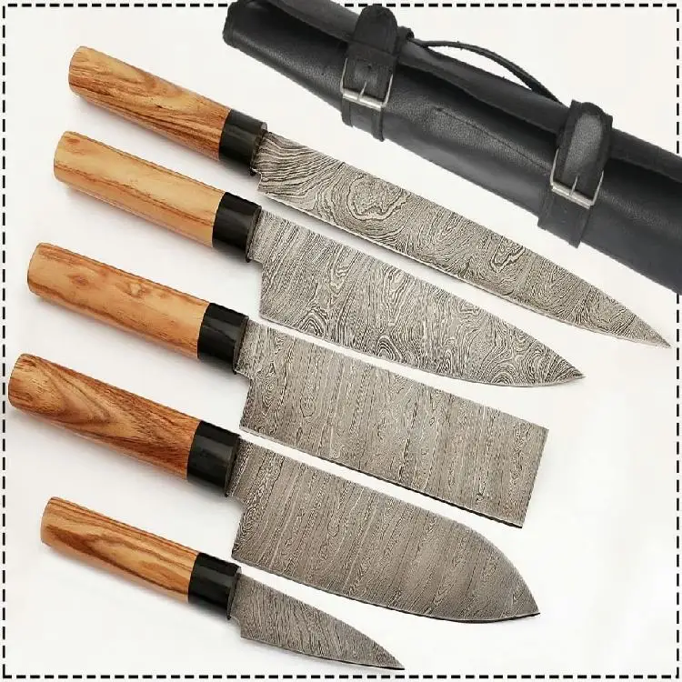 Professional 5 PieceS Handmade Damascus Steel Chef / Kitchen Knife Set with Olive Wood Handles and leather roll Bag