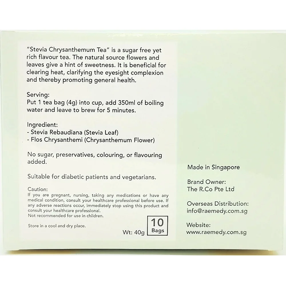 10 bags x 4g Natural Sweet Taste  Singapore Raemedy Promote General Health Stevia Leaf tea chrysanthemum flower