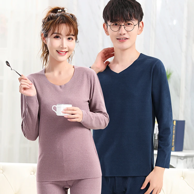  Women Thermal Flexible Cozy Round Neck Double-face Fleece Underwear Set Loungewear With Long Sleeve Shirt and Pants