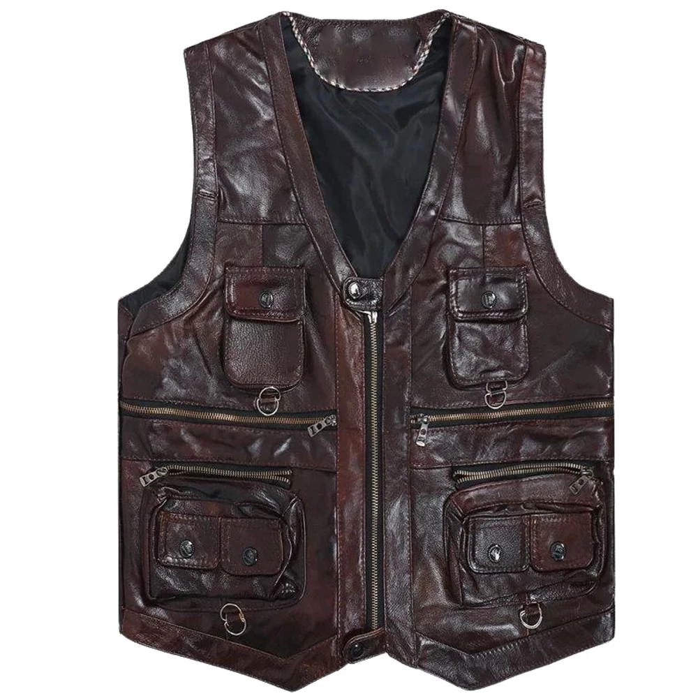 Мужской мотоциклетный жилет из натуральной овечьей кожи, черно-коричневый кожаный жилет с карманами, зимняя куртка, все цвета, 2020