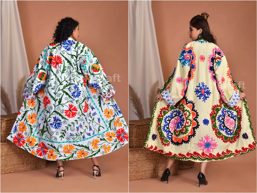 Suzani Kimono - Embroidered Coat Uzbek Jacket Boho Fashion Floral Embroidery Winter