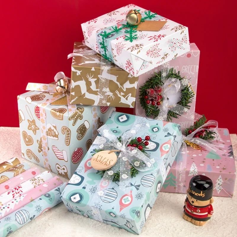 LaRibbons Wood Pulp Recycled Cute Cartoon Christmas Print Gift Christmas Craft Wrapping Paper Roll