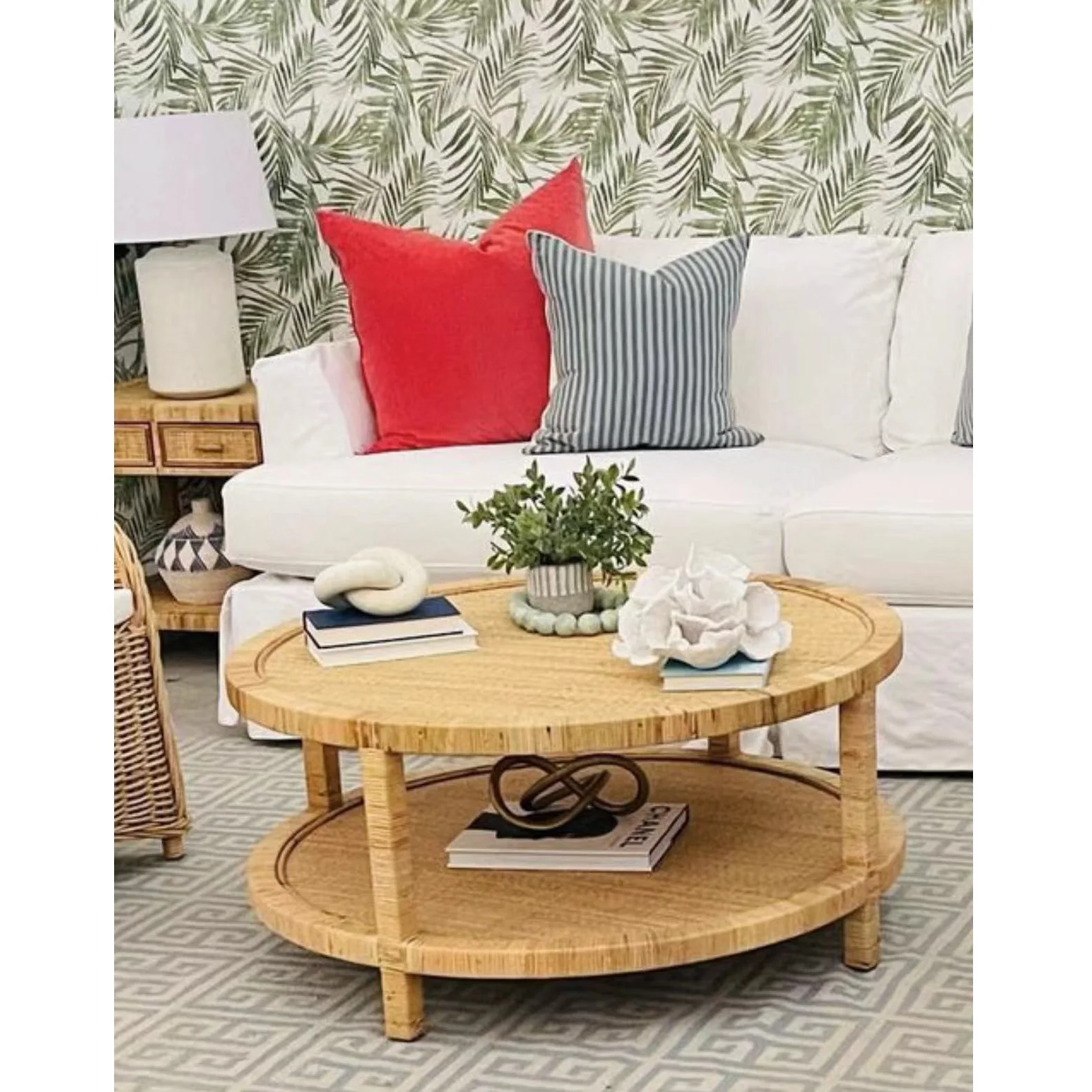 Hand Crafted Mid Century Folded Natural Color Antique Round Dining HAYES Coffee Table with Rattan Wood Plywood