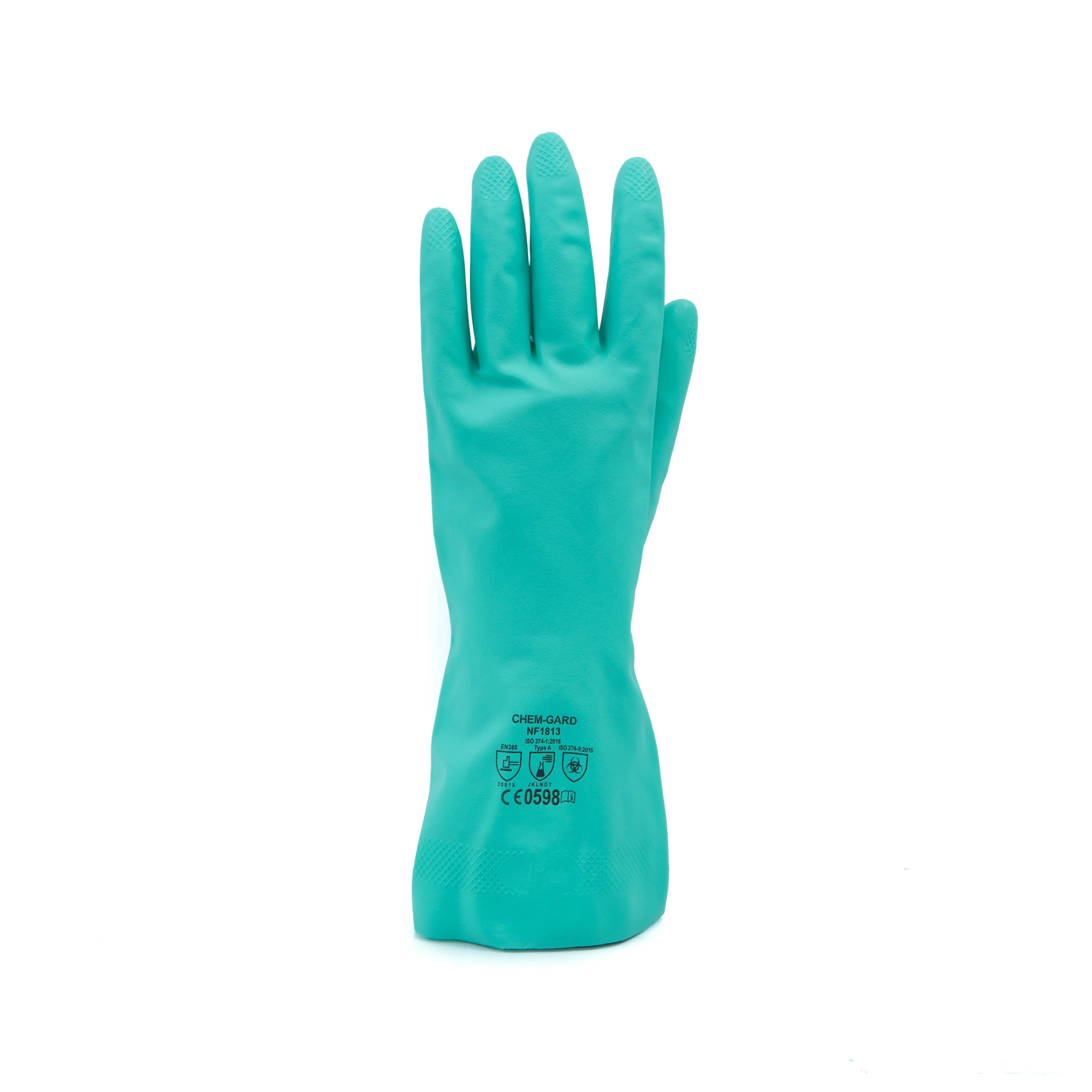Перчатки от производителя Guantes химически стойкие нитриловые малайзийские противоскользящие водонепроницаемые хлопчатобумажные с флок EN420 EN388 зеленые