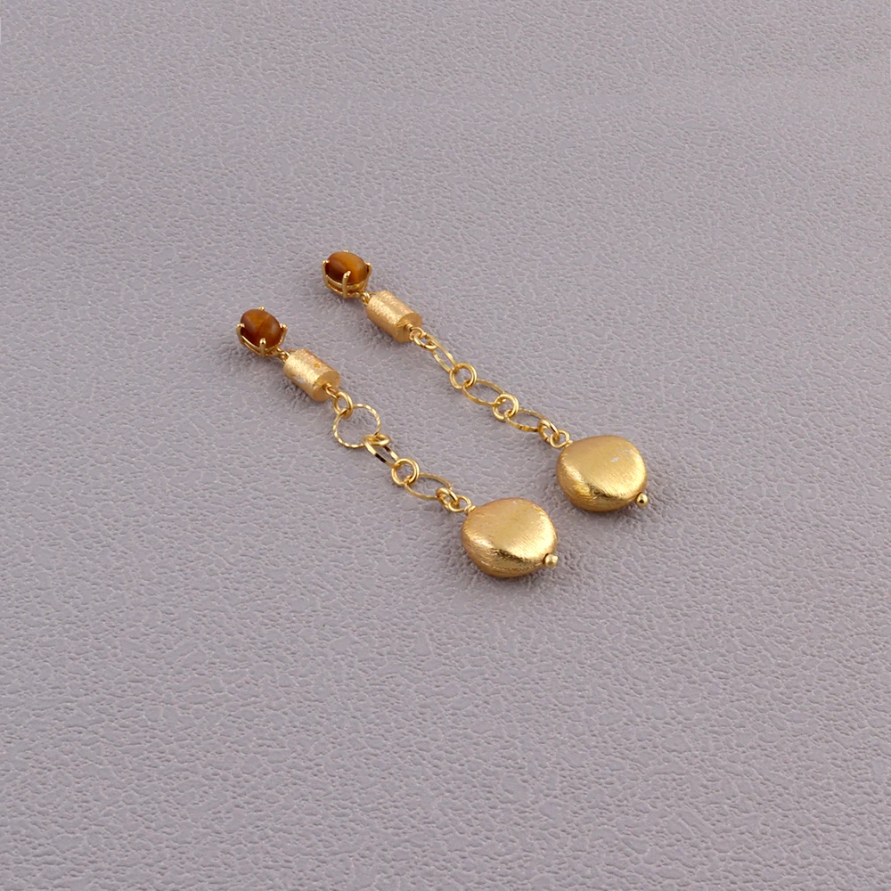 Tiger Eye And Wood Gemstones Stud Earring Oval Shape Stone Prong Setting Stud Earring Gold Plated Jewellery, Mode Joyas, E-1019.