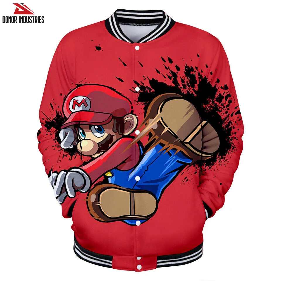 Super Mario 3D Full Print Baseball Uniform Jacket Unisex Coat Jumper Sublimation Baseball Varsity Jacket