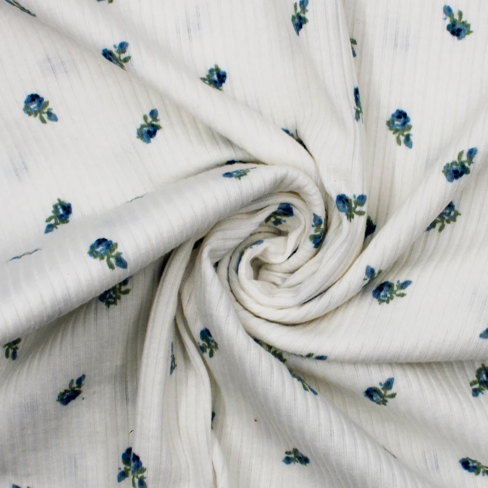 Отделанной тесьмы с синим цветочным печатным рисунком 4x2 ребристыми вязать полиэстер спандекс ткань-стиль P-2569-761
