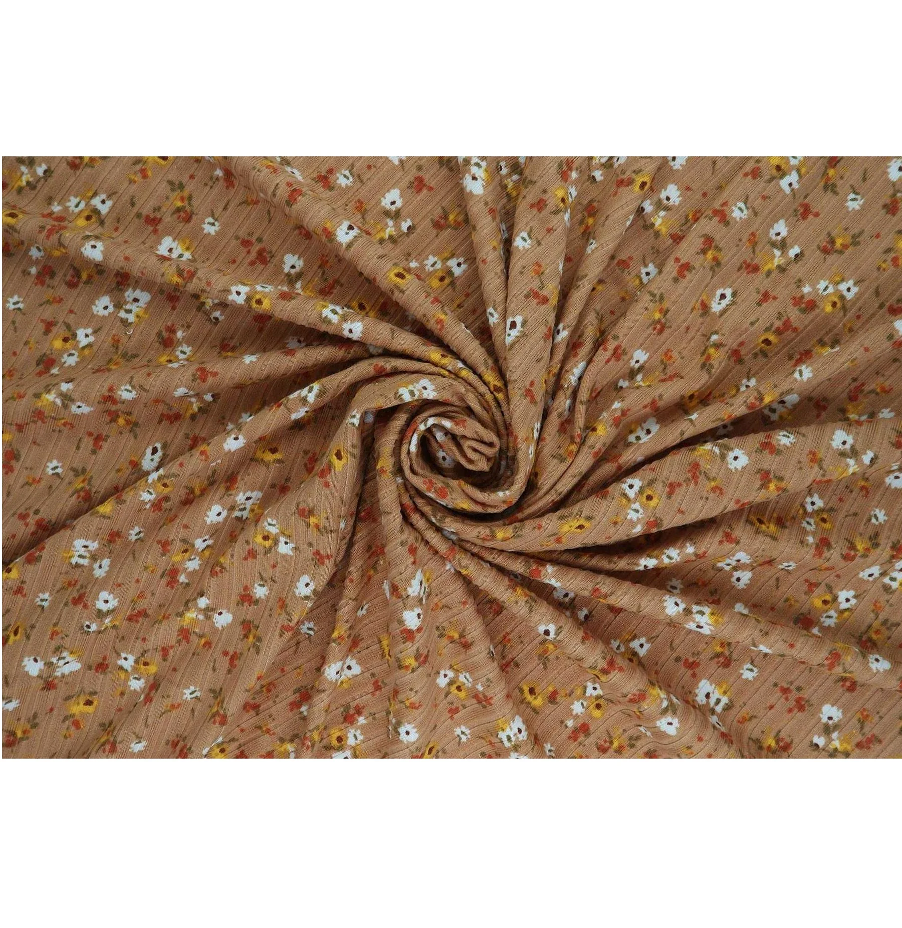 Polyester Spandex Yummy Rib Ditsy Floral Print Tan Beautiful Fabric is Perfect for Making Garments