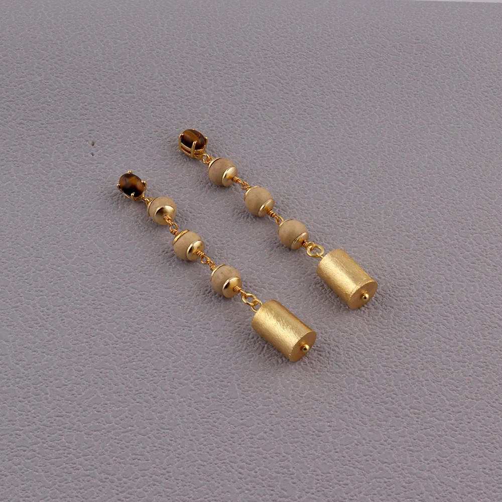 Tiger Eye And Wood Gemstones Stud Earring Oval Shape Stone Prong Setting Stud Earring Gold Plated Jewellery, Mode Joyas, E-1019.